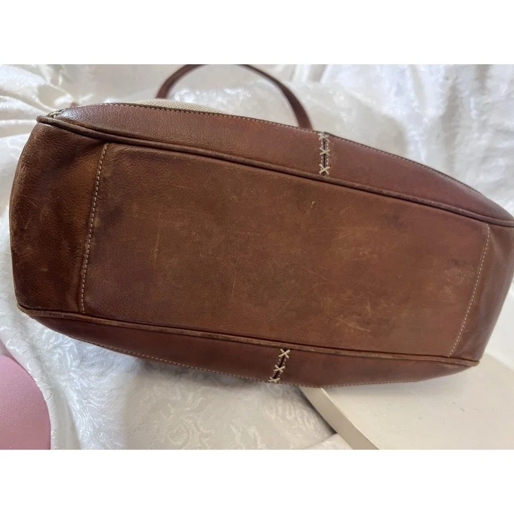 Brighton Leather Canvas Shoulder Bag Tan Brown Tote Purse Silver Heart Charm